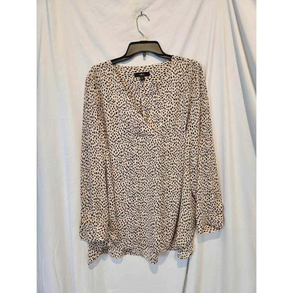 Ellos Womens 18 Cream Black Abstract Dash Print V-Neck Long Sleeve Tunic Blouse